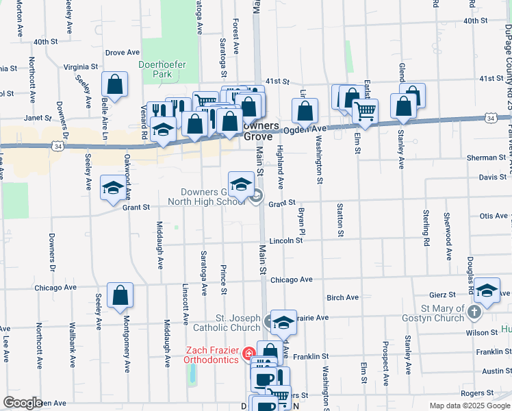 map of restaurants, bars, coffee shops, grocery stores, and more near 4436 Main Street in Downers Grove