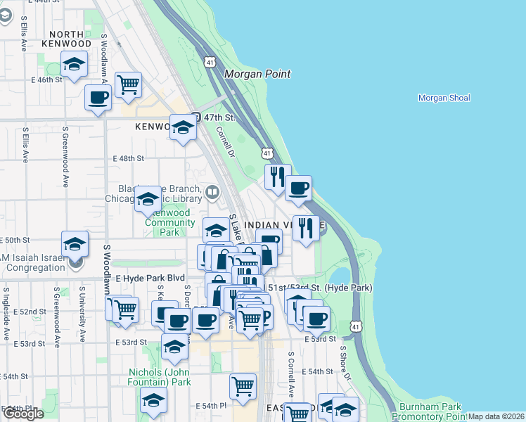 map of restaurants, bars, coffee shops, grocery stores, and more near 4930 South Cornell Avenue in Chicago
