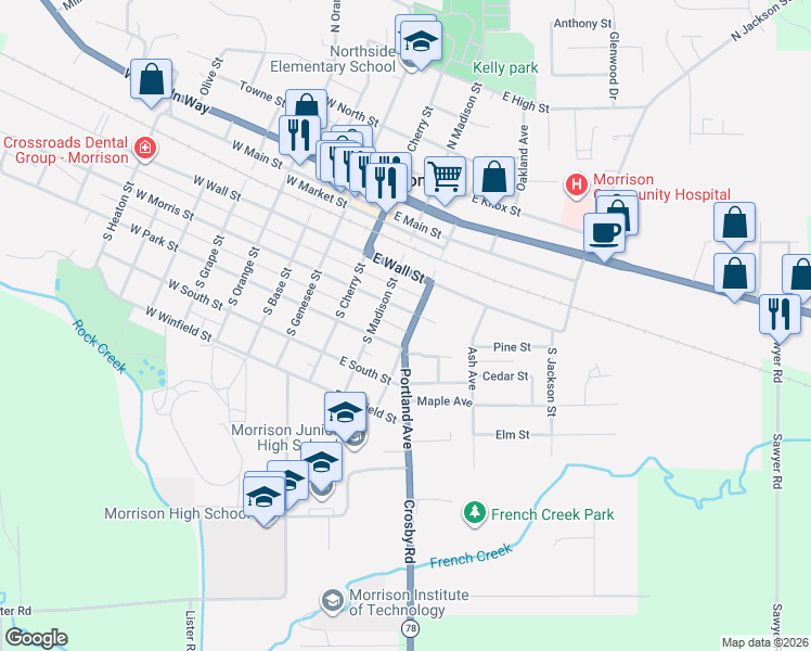 map of restaurants, bars, coffee shops, grocery stores, and more near 308 South Clinton Street in Morrison