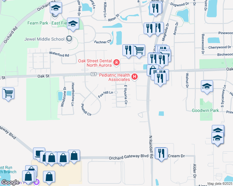 map of restaurants, bars, coffee shops, grocery stores, and more near 514 Hidden Creek Lane in North Aurora