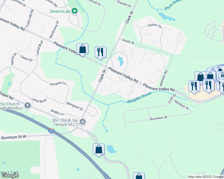 map of restaurants, bars, coffee shops, grocery stores, and more near 23 Amato Drive in South Windsor