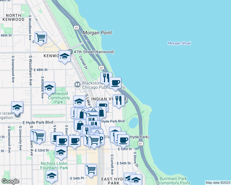 map of restaurants, bars, coffee shops, grocery stores, and more near 4900 South Lake Shore Drive in Chicago