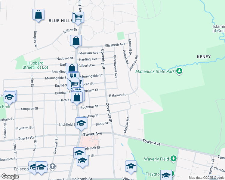map of restaurants, bars, coffee shops, grocery stores, and more near 97 East Burnham Street in Bloomfield