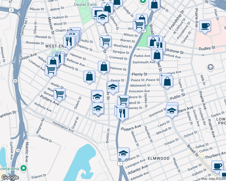 map of restaurants, bars, coffee shops, grocery stores, and more near 188 Princeton Avenue in Providence