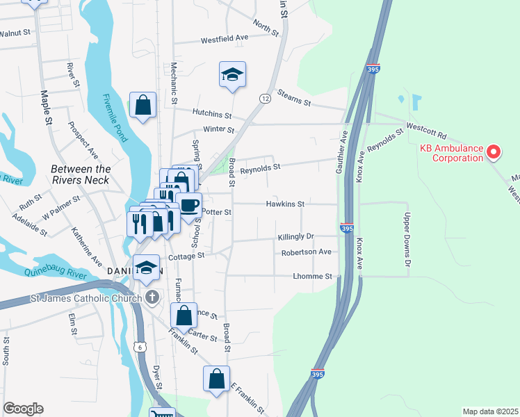 map of restaurants, bars, coffee shops, grocery stores, and more near 25 Joan Street in Killingly