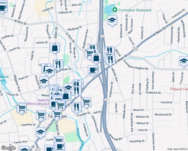 map of restaurants, bars, coffee shops, grocery stores, and more near 332 East Main Street in Torrington