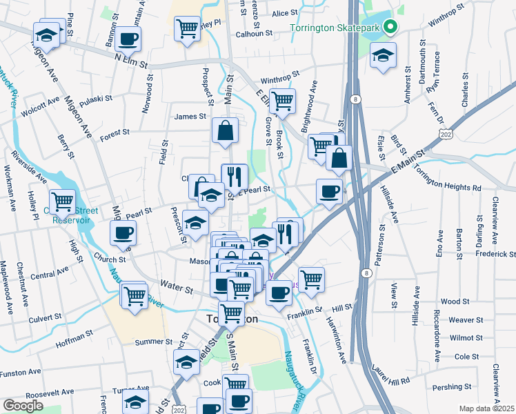 map of restaurants, bars, coffee shops, grocery stores, and more near 101 Wall Street in Torrington