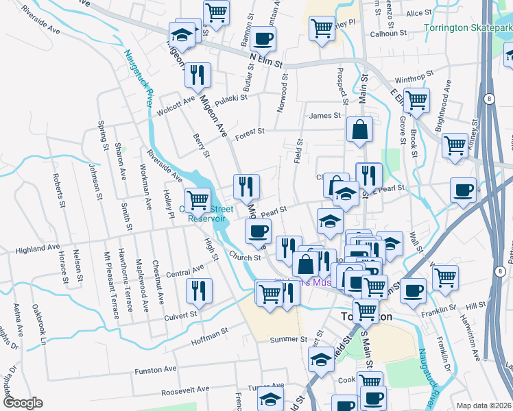 map of restaurants, bars, coffee shops, grocery stores, and more near 100 Migeon Avenue in Torrington