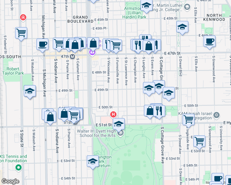 map of restaurants, bars, coffee shops, grocery stores, and more near 4925 South Vincennes Avenue in Chicago