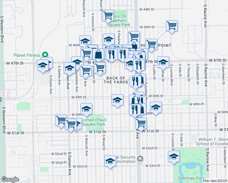 map of restaurants, bars, coffee shops, grocery stores, and more near 4858 South Paulina Street in Chicago