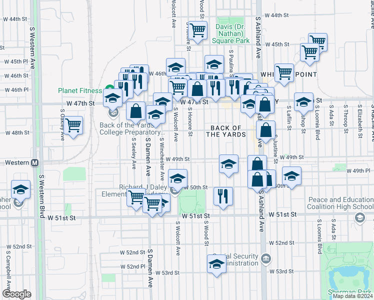 map of restaurants, bars, coffee shops, grocery stores, and more near 4859 South Wolcott Avenue in Chicago