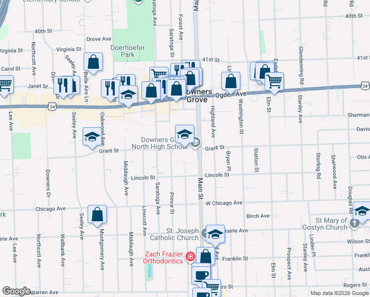map of restaurants, bars, coffee shops, grocery stores, and more near 4436 Main Street in Downers Grove