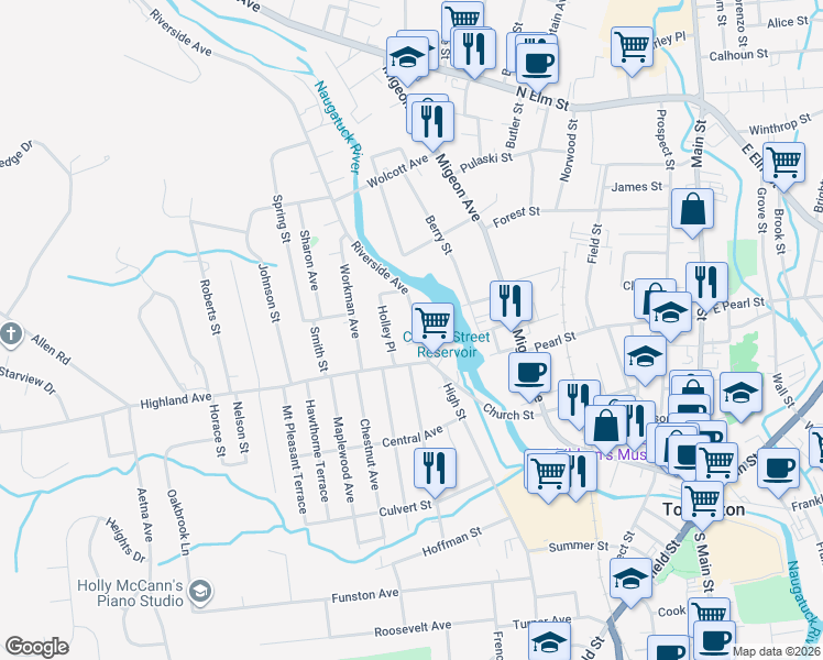 map of restaurants, bars, coffee shops, grocery stores, and more near 45 Riverside Avenue in Torrington