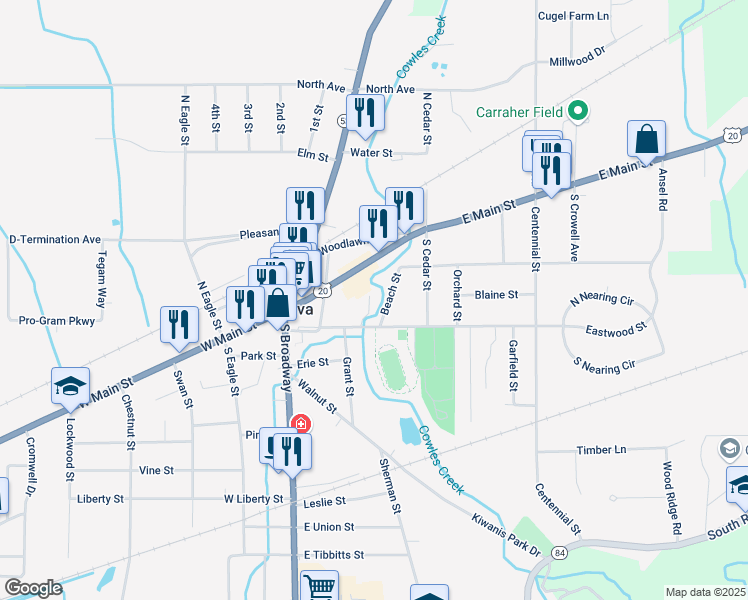 map of restaurants, bars, coffee shops, grocery stores, and more near 112 Van Epps Avenue in Geneva