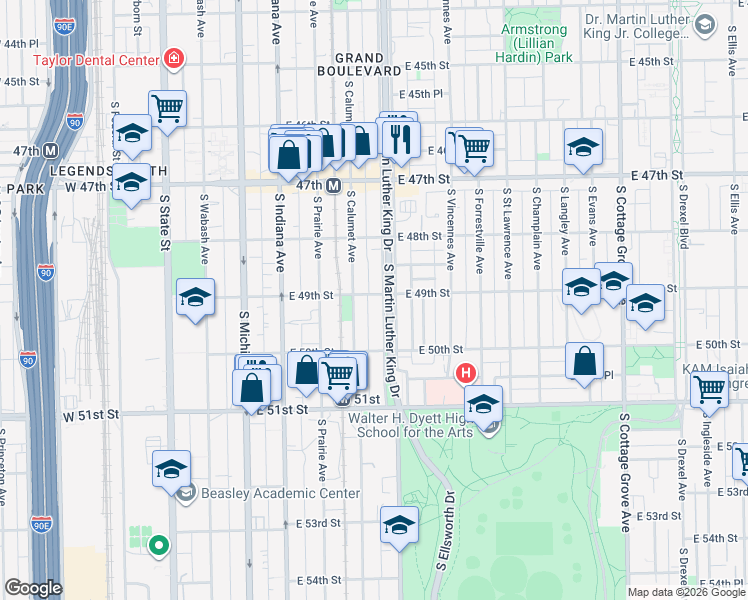 map of restaurants, bars, coffee shops, grocery stores, and more near 4924a South Doctor Martin Luther King Junior Drive in Chicago