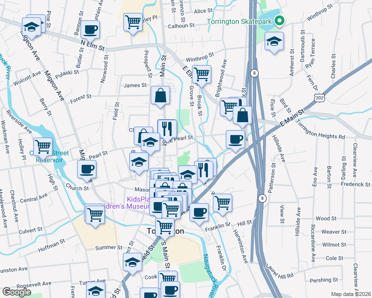 map of restaurants, bars, coffee shops, grocery stores, and more near 101 Wall Street in Torrington