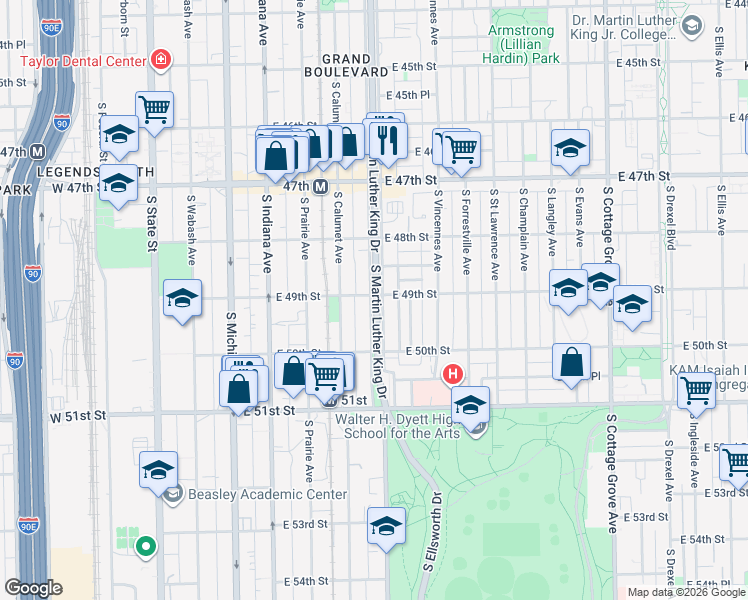 map of restaurants, bars, coffee shops, grocery stores, and more near 4924a South King Drive in Chicago