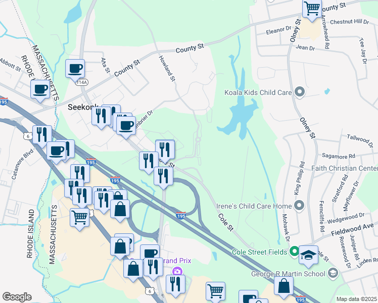 map of restaurants, bars, coffee shops, grocery stores, and more near 62 Colfall Street in Seekonk