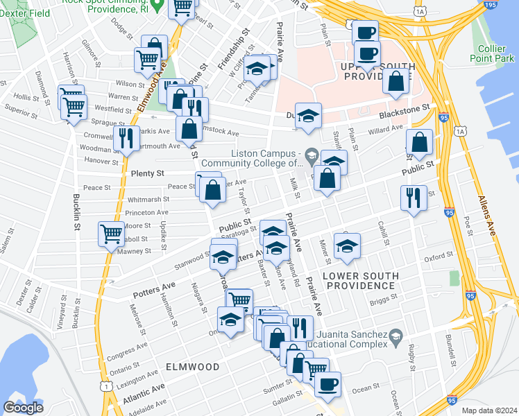 map of restaurants, bars, coffee shops, grocery stores, and more near 454 Public Street in Providence