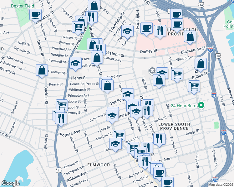 map of restaurants, bars, coffee shops, grocery stores, and more near 493 Public Street in Providence