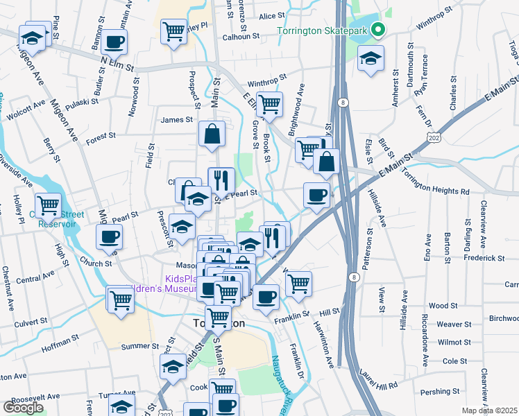 map of restaurants, bars, coffee shops, grocery stores, and more near 101 Wall Street in Torrington