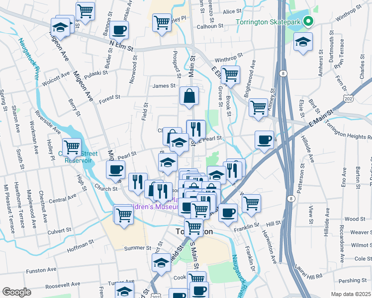 map of restaurants, bars, coffee shops, grocery stores, and more near 225 Main Street in Torrington