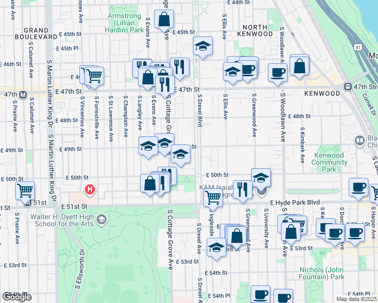 map of restaurants, bars, coffee shops, grocery stores, and more near 4926 South Drexel Avenue in Chicago