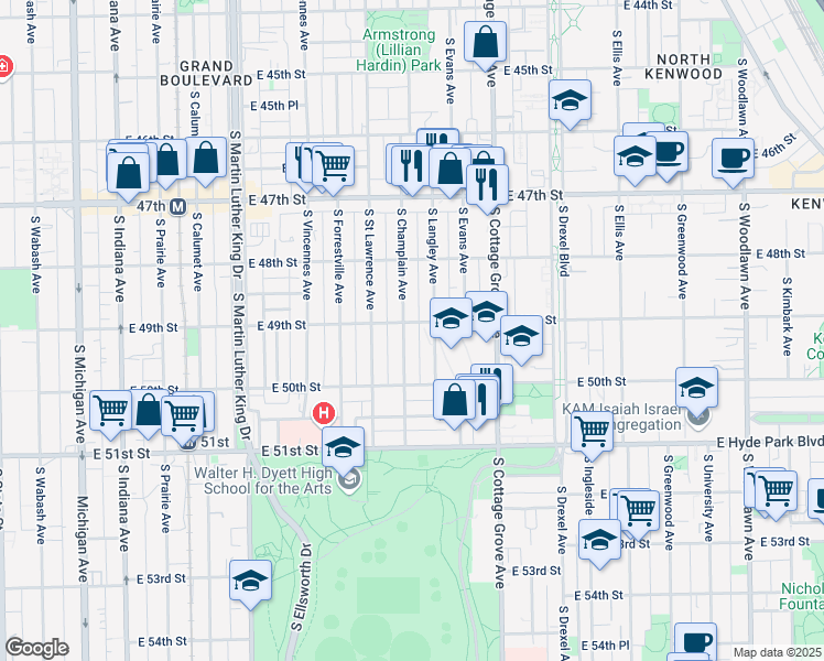 map of restaurants, bars, coffee shops, grocery stores, and more near 635 East 49th Street in Chicago
