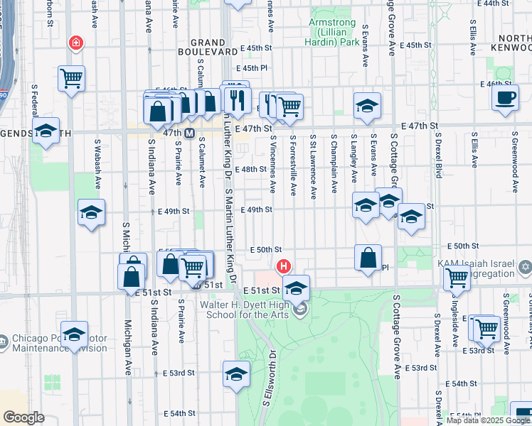 map of restaurants, bars, coffee shops, grocery stores, and more near 4925 South Washington Park Court in Chicago