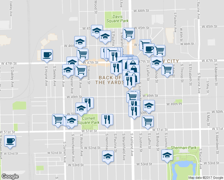 map of restaurants, bars, coffee shops, grocery stores, and more near 4858 South Paulina Street in Chicago