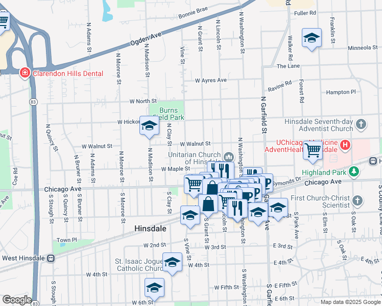 map of restaurants, bars, coffee shops, grocery stores, and more near 205 West Maple Street in Hinsdale