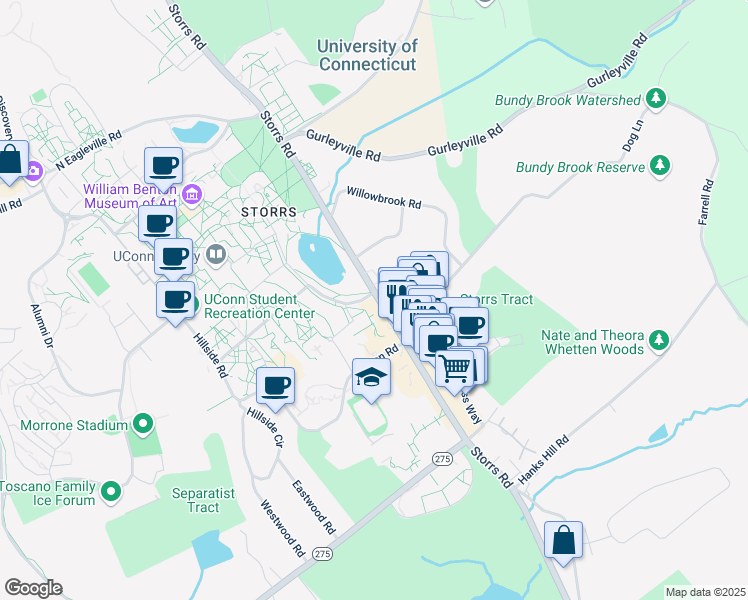 map of restaurants, bars, coffee shops, grocery stores, and more near 115 North Eagleville Road in Mansfield