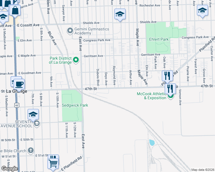 map of restaurants, bars, coffee shops, grocery stores, and more near 9408 47th Street in Brookfield