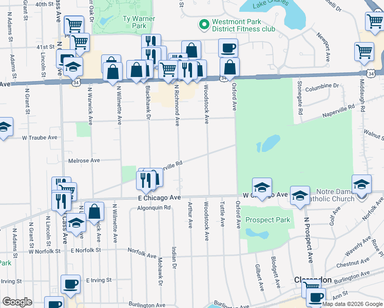 map of restaurants, bars, coffee shops, grocery stores, and more near 435 East Naperville Road in Clarendon Hills