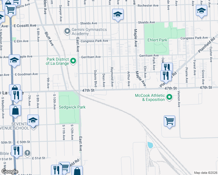 map of restaurants, bars, coffee shops, grocery stores, and more near 9408 47th Street in Brookfield