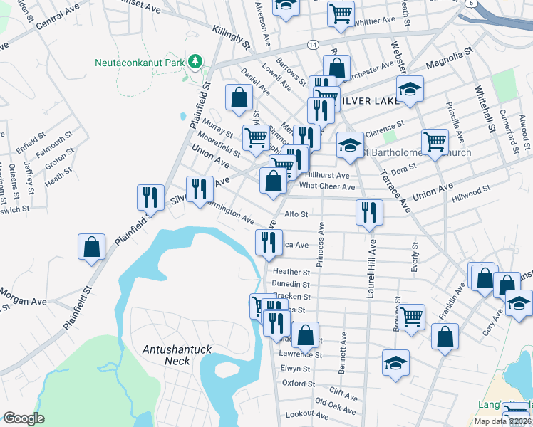 map of restaurants, bars, coffee shops, grocery stores, and more near 161 Prudence Avenue in Providence