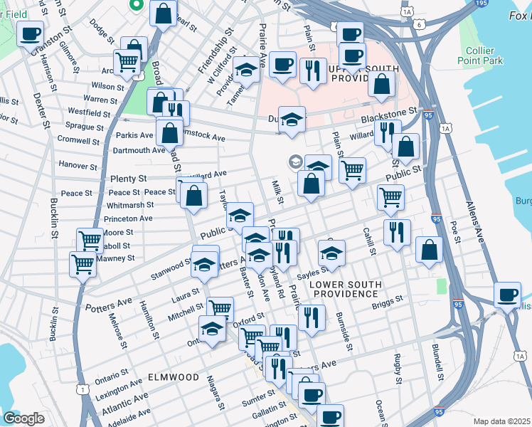 map of restaurants, bars, coffee shops, grocery stores, and more near 335 Prairie Avenue in Providence