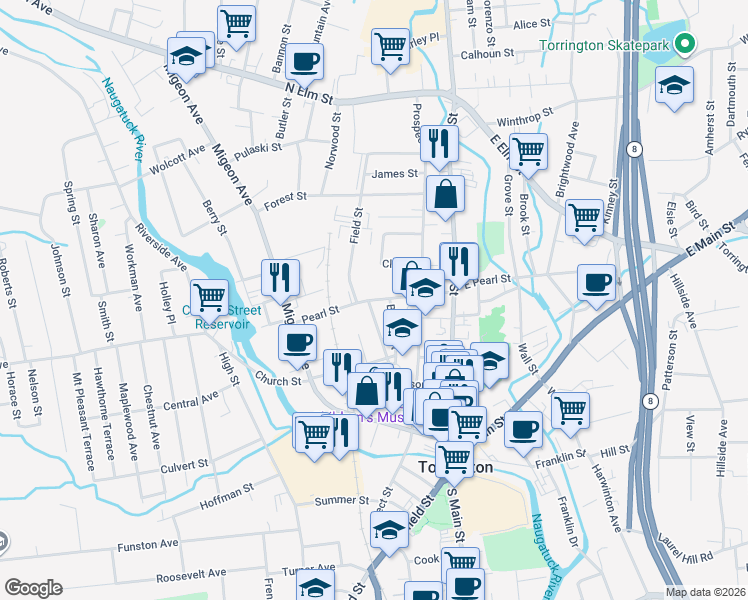map of restaurants, bars, coffee shops, grocery stores, and more near Pearl Street in Torrington