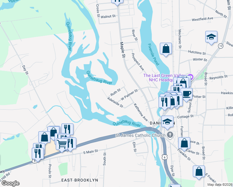 map of restaurants, bars, coffee shops, grocery stores, and more near 72 West Palmer Street in Killingly