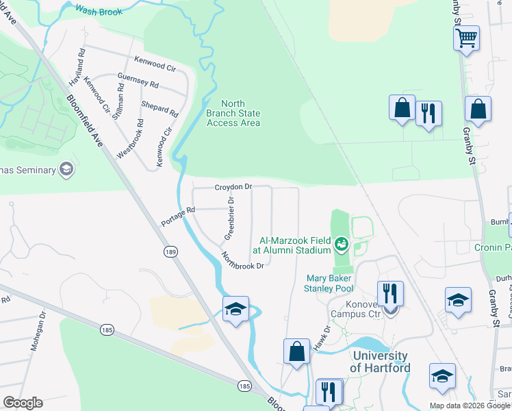 map of restaurants, bars, coffee shops, grocery stores, and more near 32 Alderwood Drive in West Hartford