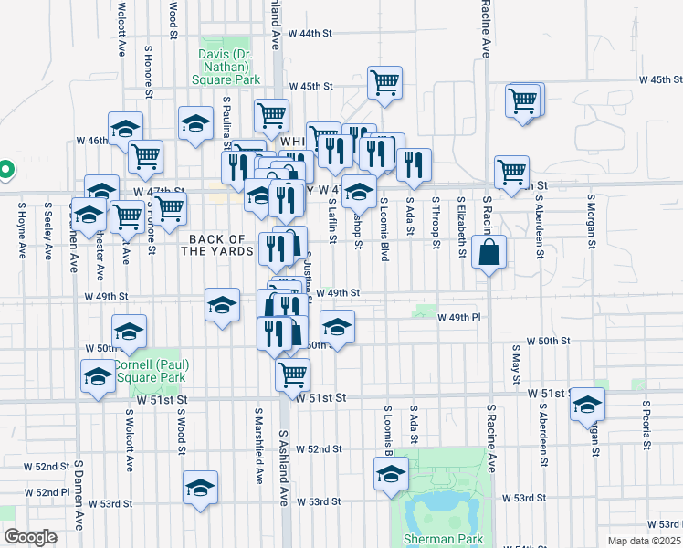 map of restaurants, bars, coffee shops, grocery stores, and more near 4858 South Bishop Street in Chicago