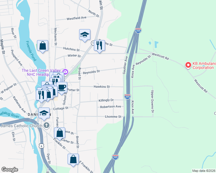 map of restaurants, bars, coffee shops, grocery stores, and more near 92 Hawkins Street in Killingly
