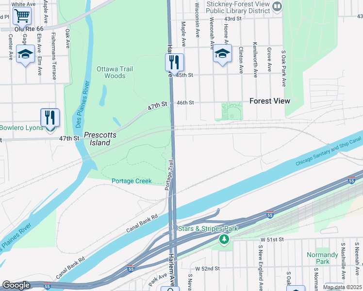 map of restaurants, bars, coffee shops, grocery stores, and more near 4811 South Harlem Avenue in Forest View
