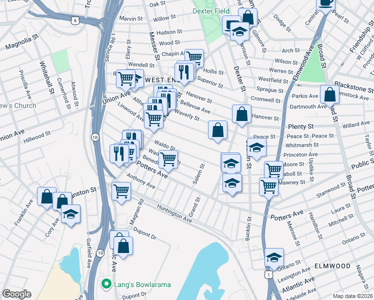 map of restaurants, bars, coffee shops, grocery stores, and more near 79 Wadsworth Street in Providence