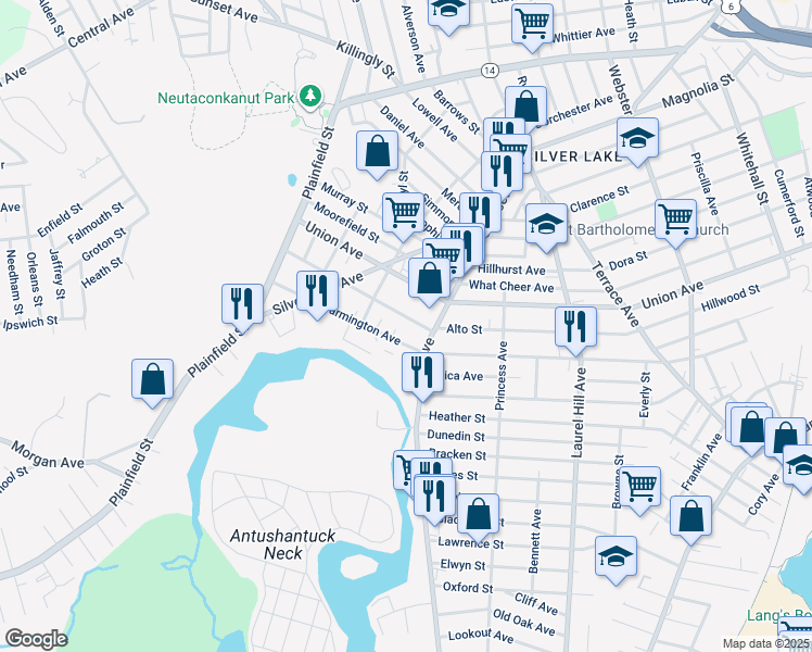 map of restaurants, bars, coffee shops, grocery stores, and more near 158 Farmington Avenue in Cranston