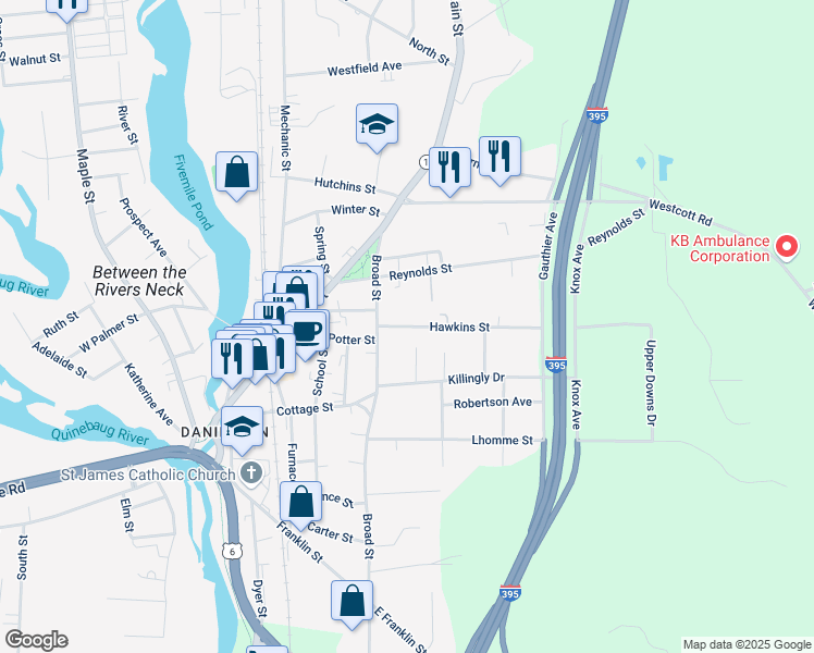 map of restaurants, bars, coffee shops, grocery stores, and more near 25 Joan Street in Killingly