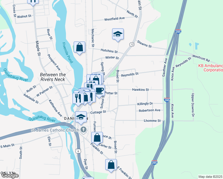 map of restaurants, bars, coffee shops, grocery stores, and more near 130 School Street in Killingly