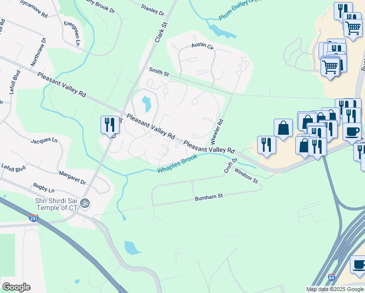 map of restaurants, bars, coffee shops, grocery stores, and more near 73 Ivy Lane in South Windsor