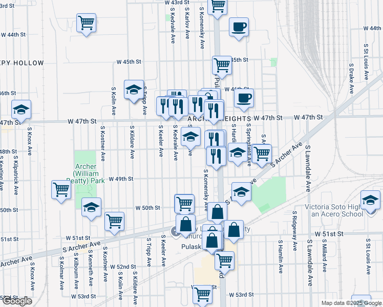map of restaurants, bars, coffee shops, grocery stores, and more near 4834 South Karlov Avenue in Chicago