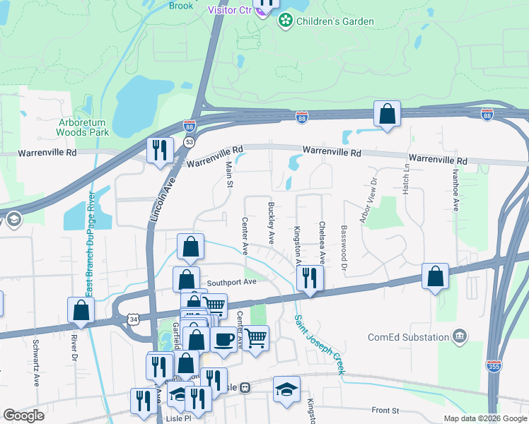 map of restaurants, bars, coffee shops, grocery stores, and more near 4416 Buckley Avenue in Lisle